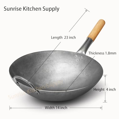 Sunrise Kitchen Supply 1.8 mm Thickness Heavy Duty Hand Hammered Carbon Steel Wok 14 inch, Round Bottom