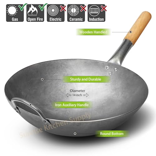 Sunrise Kitchen Supply 1.8 mm Thickness Heavy Duty Hand Hammered Carbon Steel Wok 14 inch, Round Bottom