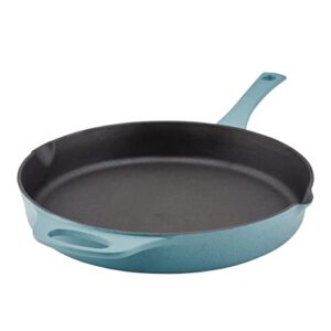 rachael ray nitro cast iron frying pan/skillet with helper handle and pour spouts, 12 inch, agave blue