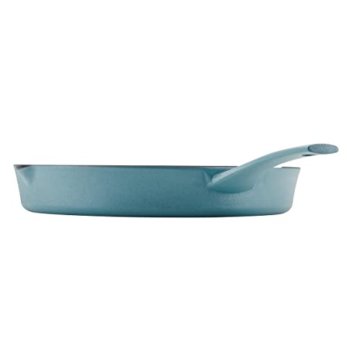 Rachael Ray NITRO Cast Iron Frying Pan/Skillet with Helper Handle and Pour Spouts, 12 Inch, Agave Blue