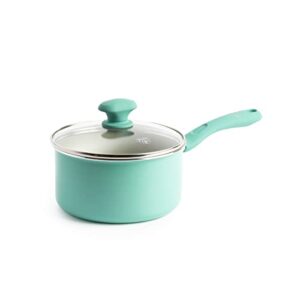 greenlife soft grip diamond sandstone healthy ceramic nonstick, 2qt saucepan pot with lid, pfas-free, dishwasher safe, turquoise and cream