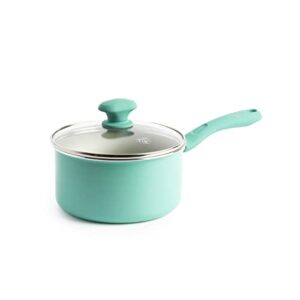 GreenLife Soft Grip Diamond Sandstone Healthy Ceramic Nonstick, 2QT Saucepan Pot with Lid, PFAS-Free, Dishwasher Safe, Turquoise and Cream