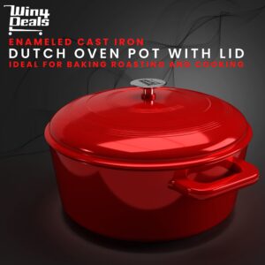 6 Quart Enameled Cast Iron Dutch Oven Pot with Lid — Round Enamel Coating, Safe up to 500° F, Dual Side Handles, Ideal for Baking, Roasting and Cooking — Oven Compatible & Easy to Clean — Red