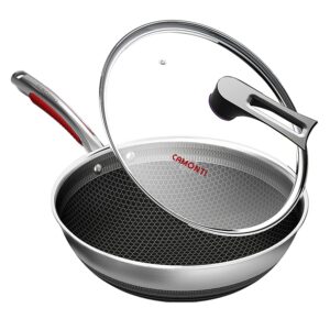 316l stainless steel non stick wok pan with lid,12.6 inch saute pans nonstick stir fry pan suit for induction cooktop, gas, ceramic and electric stove,safe for dishwasher and oven,stay-cool handle
