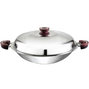 buffalo clad stainless steel wok pan with lid round bottom 16 inch (40cm) stir frying pan tri-ply nonstick cookware - double handle cooking pot for induction/electric/gas stoves
