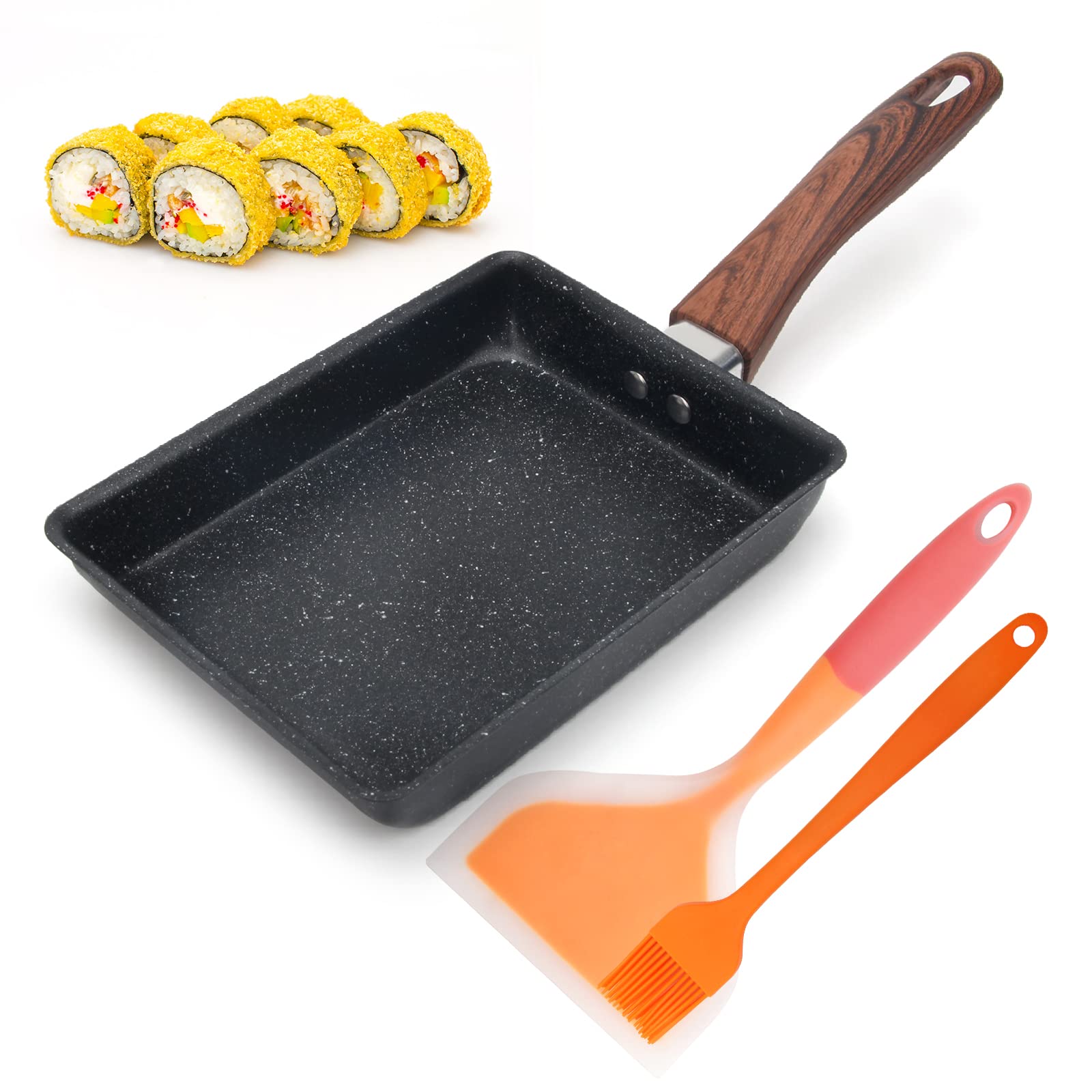 Anglecai Japanese Omelette Pan Tamagoyaki Japanese Omelette Pan/Egg Pan -with Silicone Spatula & Brush, Non-stick Coating Egg Roll Pan Rectangle Mini Frying Pan Multipurpose Pan