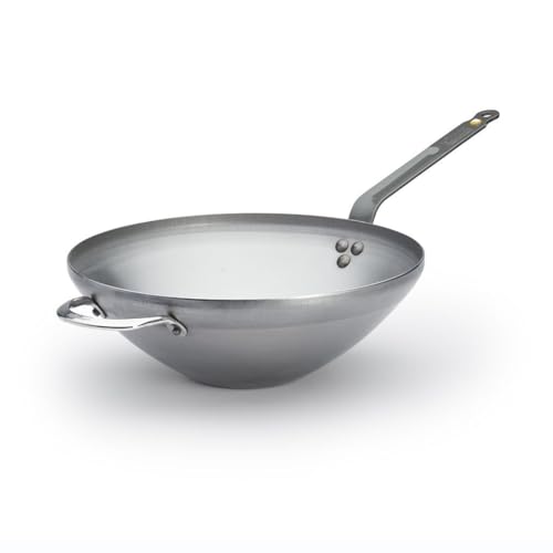 de Buyer MINERAL B Carbon Steel Wok Pan - 12.5” - Ideal for Steaming, Stir Frying & Deep Frying - Naturally Nonstick - Made in France