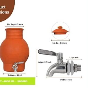 Village Decor HandMade Earthen Clay Water Pot Water Dispenser with Stainless Steel Faucet Spigot | Capacity 135 oz 4000 ml