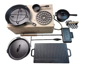 hawok pre-seasoned cast iron dutch oven camping cooking set with carrying storage box
