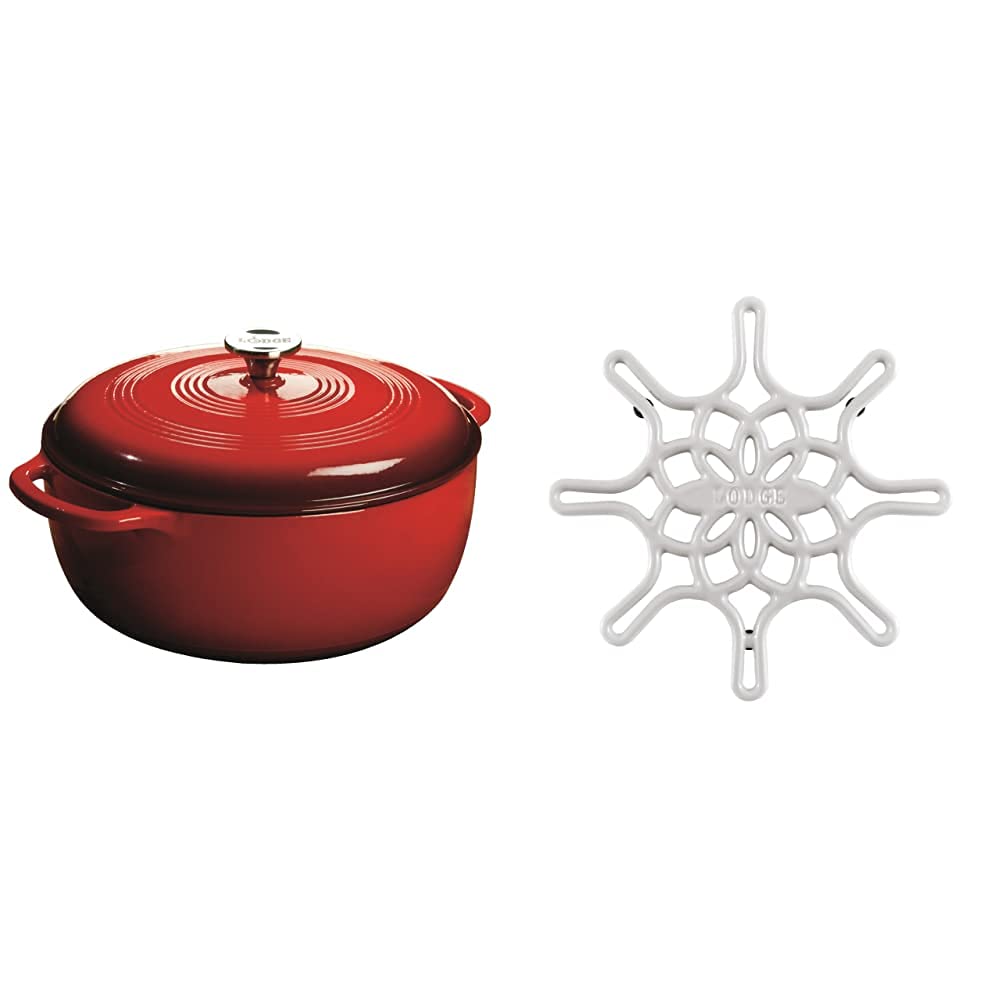 Lodge EC7D43 Enameled Cast Iron Dutch Oven, 7.5-Quart, Island Spice Red & EC8ST13 Enameled Cast Iron, 8 Inch, Oyster Trivet