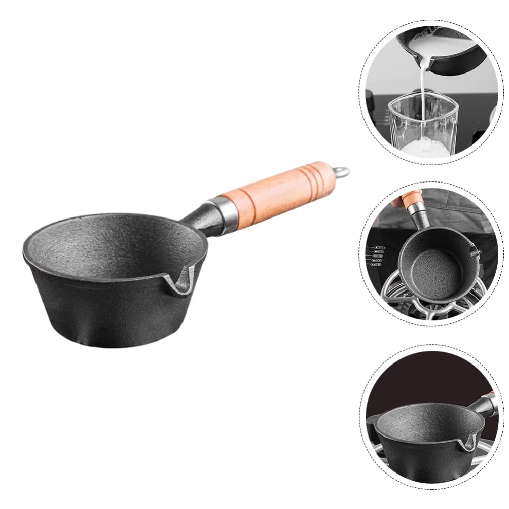 Cabilock Melting Pot Cast Iron Sauce Pan Pre- Seasoned Basting Pot Nonstick Baking Pan Stockpot Butter Melting Pot Kitchen Cheese Pan with Wood Handle for Oil Milk Candy Chocolate Cast Iron Cookware