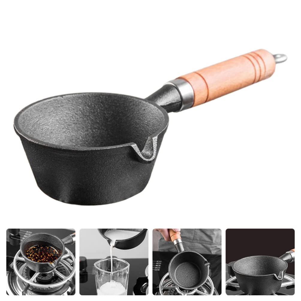 Cabilock Melting Pot Cast Iron Sauce Pan Pre- Seasoned Basting Pot Nonstick Baking Pan Stockpot Butter Melting Pot Kitchen Cheese Pan with Wood Handle for Oil Milk Candy Chocolate Cast Iron Cookware