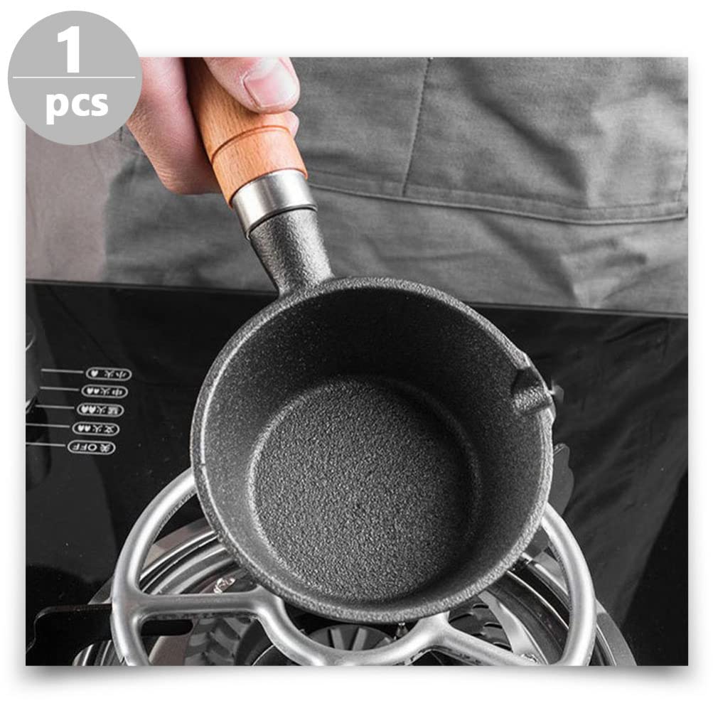 Cabilock Melting Pot Cast Iron Sauce Pan Pre- Seasoned Basting Pot Nonstick Baking Pan Stockpot Butter Melting Pot Kitchen Cheese Pan with Wood Handle for Oil Milk Candy Chocolate Cast Iron Cookware