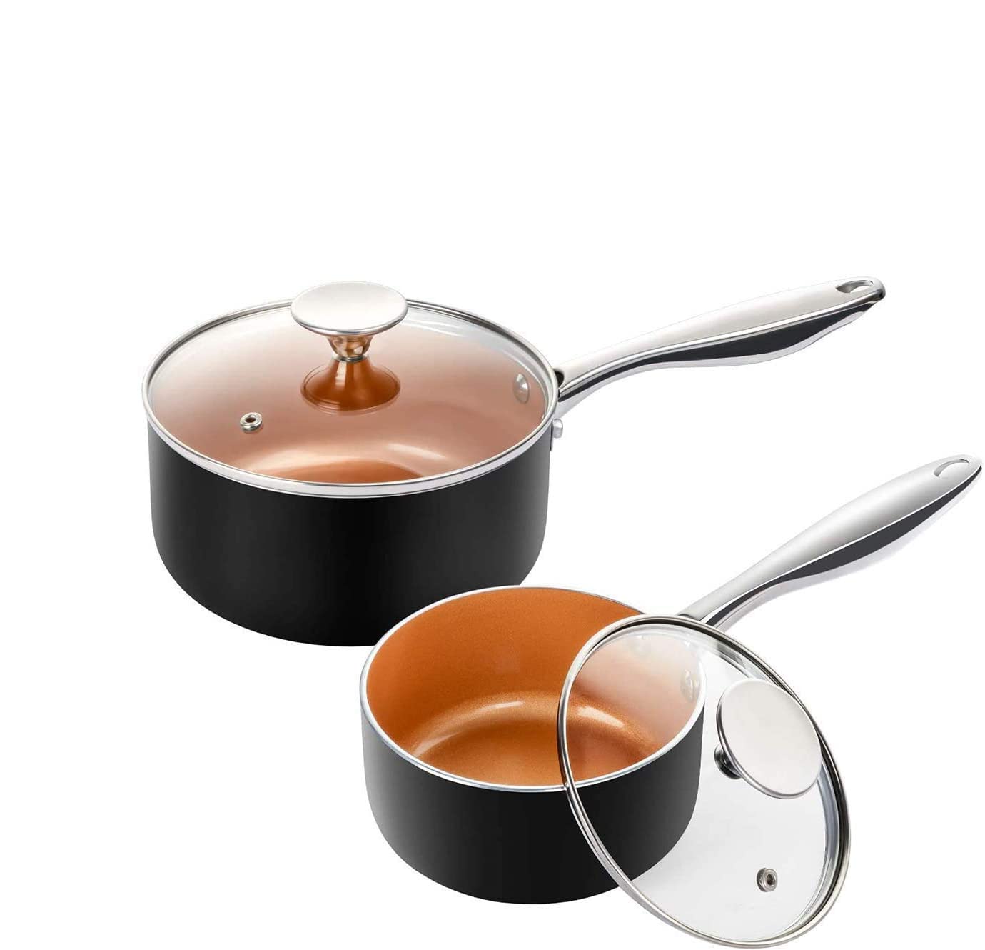 MICHELANGELO 1 Quart + 2 Quart Saucepan Set with Lid, Ultra Nonstick Coppper Sauce Pan with Lid, Small Pot with Lid, Ceramic Nonstick Saucepan 1 + 2 quart Set, Small Sauce Pot, Copper Pot 1+2 Qt, Cera