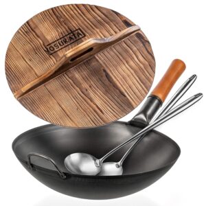 yosukata carbon steel wok pan 14“ + 17’’ wok spatula and ladle + premium wok cover 14 inch pan lid