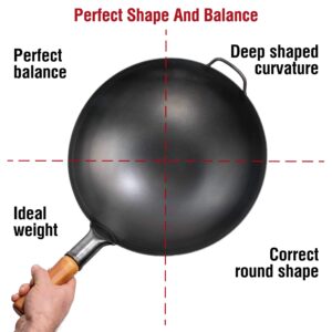 YOSUKATA Carbon Steel Wok Pan 14“ + 17’’ Wok Spatula and Ladle + Premium Wok Cover 14 inch Pan Lid