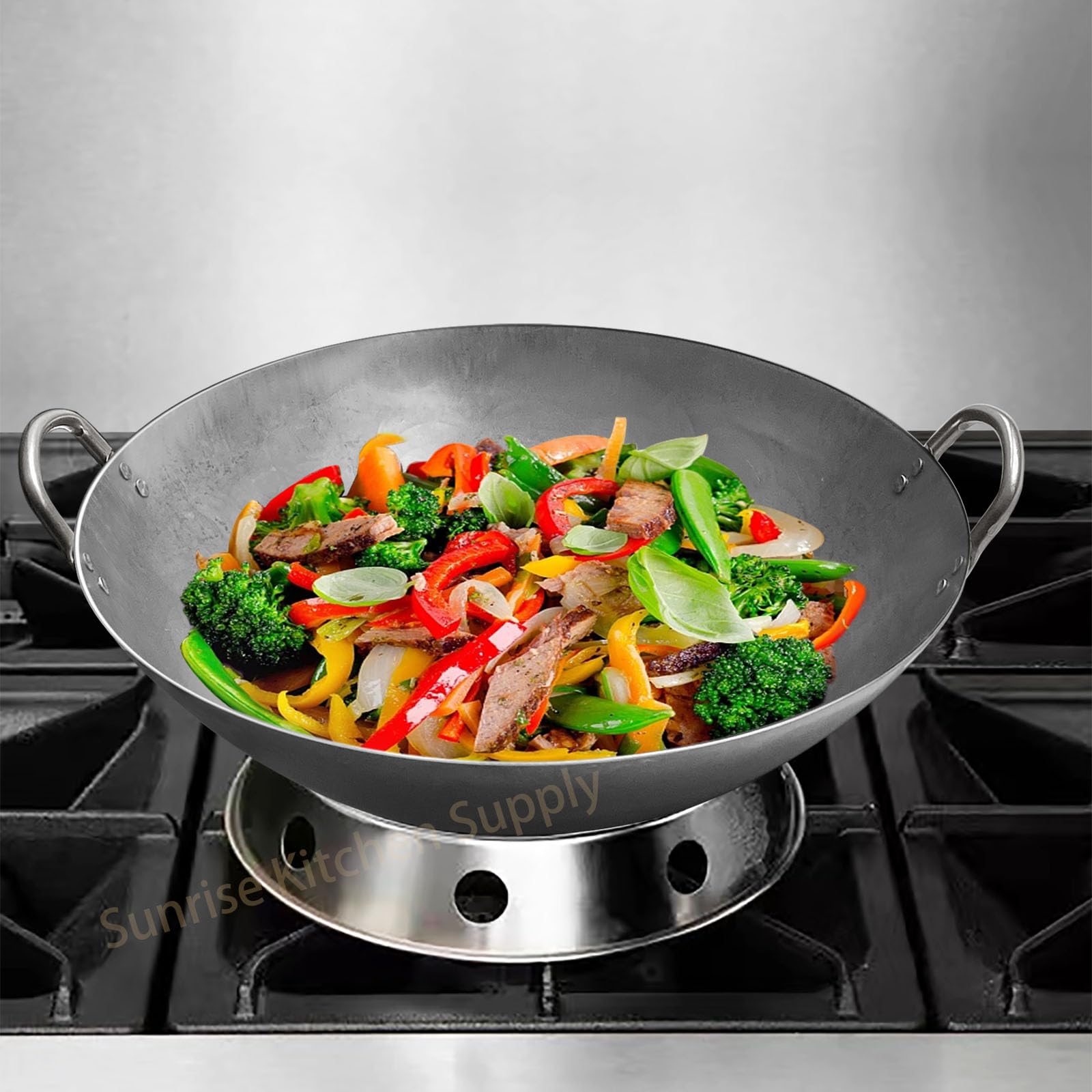 SUNRISE KITCHEN SUPPLY Heavy Duty Hong Kong Style Carbon Steel Wok (Round Bottom) 15"