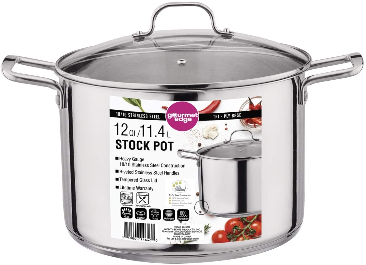 Gourmet Edge 12-Quart Stock Pot - Stainless Steel Soup Pots with Lid as Dishwasher and Oven Safe Cookware, Silver