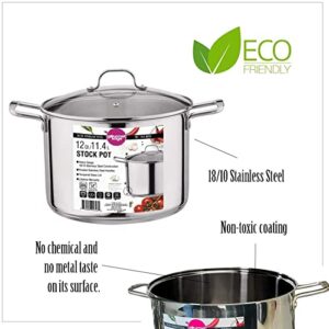 Gourmet Edge 12-Quart Stock Pot - Stainless Steel Soup Pots with Lid as Dishwasher and Oven Safe Cookware, Silver