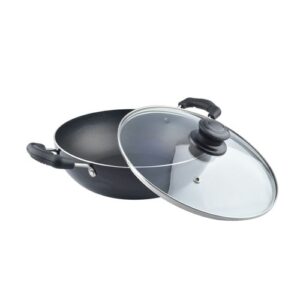 Induction Base Non-Stick Kadai with Glass Lid Non Stick Frying Pan Wok Flat Bottom Non Stick All Purpose Pan Non-Stick Aluminium Kadhai Deep Fry Pan (240mm) 2.2Ltr