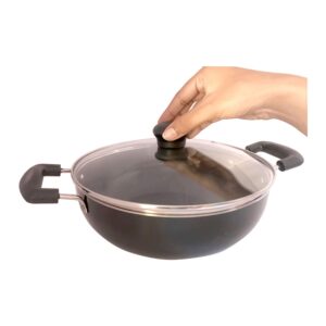 Induction Base Non-Stick Kadai with Glass Lid Non Stick Frying Pan Wok Flat Bottom Non Stick All Purpose Pan Non-Stick Aluminium Kadhai Deep Fry Pan (240mm) 2.2Ltr