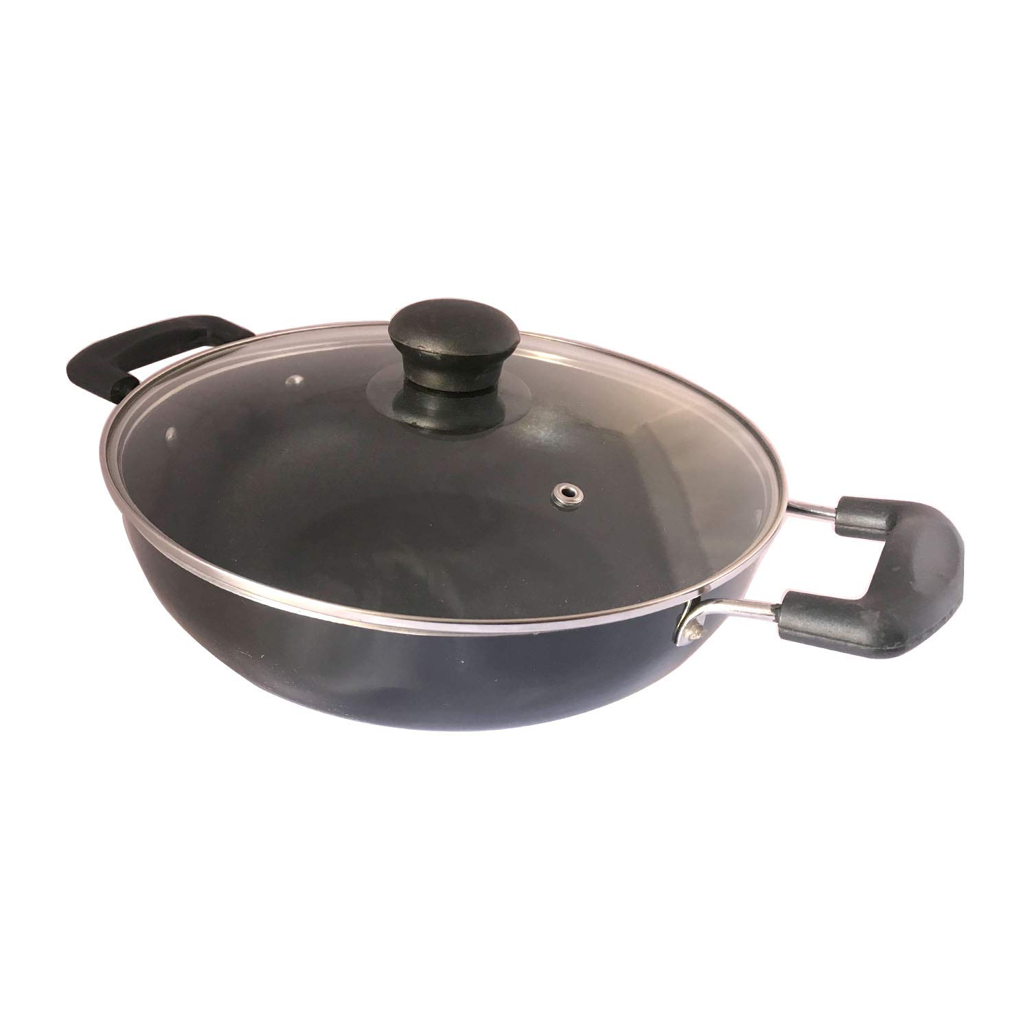 Induction Base Non-Stick Kadai with Glass Lid Non Stick Frying Pan Wok Flat Bottom Non Stick All Purpose Pan Non-Stick Aluminium Kadhai Deep Fry Pan (240mm) 2.2Ltr