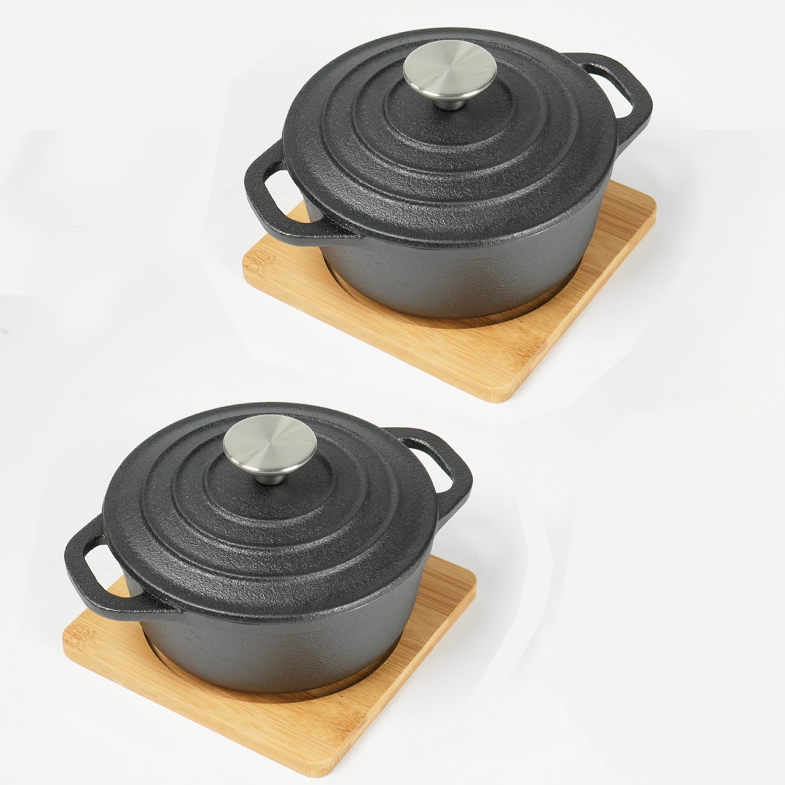 HAWOK Cast Iron Mini Round Cocotte Set, 0.7QT Mini Dutch Ovens with Lids and Bamboo Trays, 667ml/22.57oz/2.82cups, Set of 2, Black