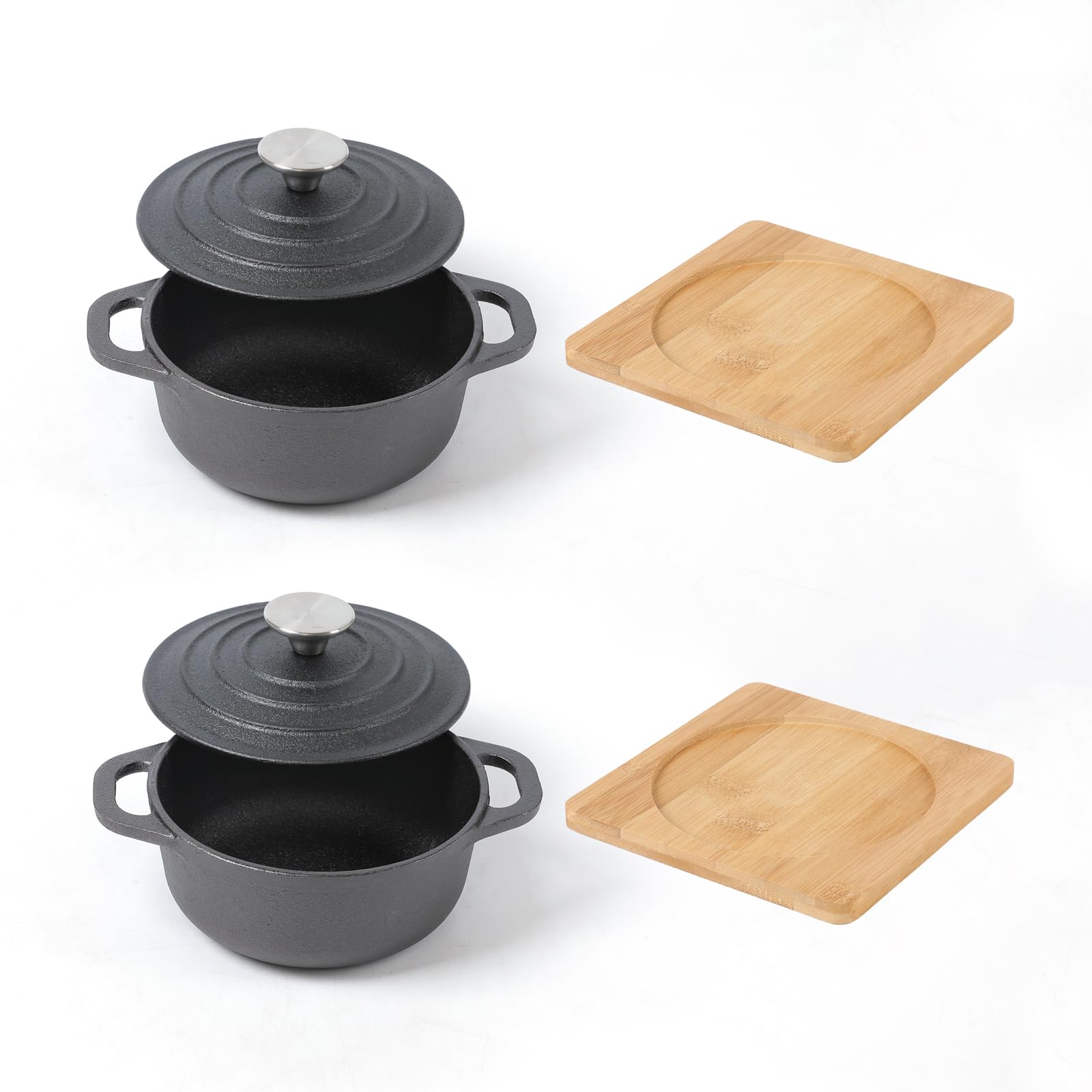 HAWOK Cast Iron Mini Round Cocotte Set, 0.7QT Mini Dutch Ovens with Lids and Bamboo Trays, 667ml/22.57oz/2.82cups, Set of 2, Black