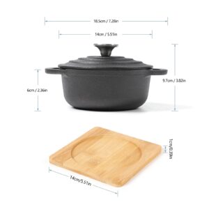 HAWOK Cast Iron Mini Round Cocotte Set, 0.7QT Mini Dutch Ovens with Lids and Bamboo Trays, 667ml/22.57oz/2.82cups, Set of 2, Black