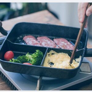 CapriTech Cast Iron Grill Pan 3 Section Breakfast Skillet Frying Pan with 2 Assist Handle for Gas Stove & Induction Cooker