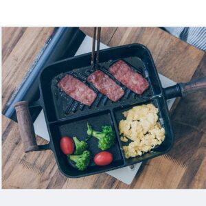 CapriTech Cast Iron Grill Pan 3 Section Breakfast Skillet Frying Pan with 2 Assist Handle for Gas Stove & Induction Cooker