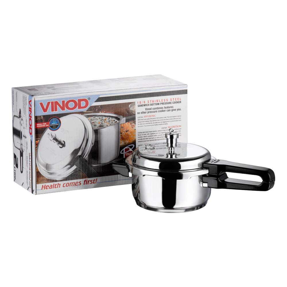 Vinod V-2L Stainless Steel Sandwich Bottom Pressure Cooker, 2-Liter,Silver,Medium