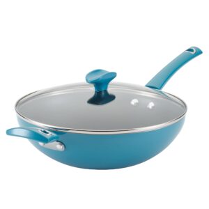 rachael ray cityscapes nonstick stir fry pan/wok with lid and helper handle, 11 inch, turquoise