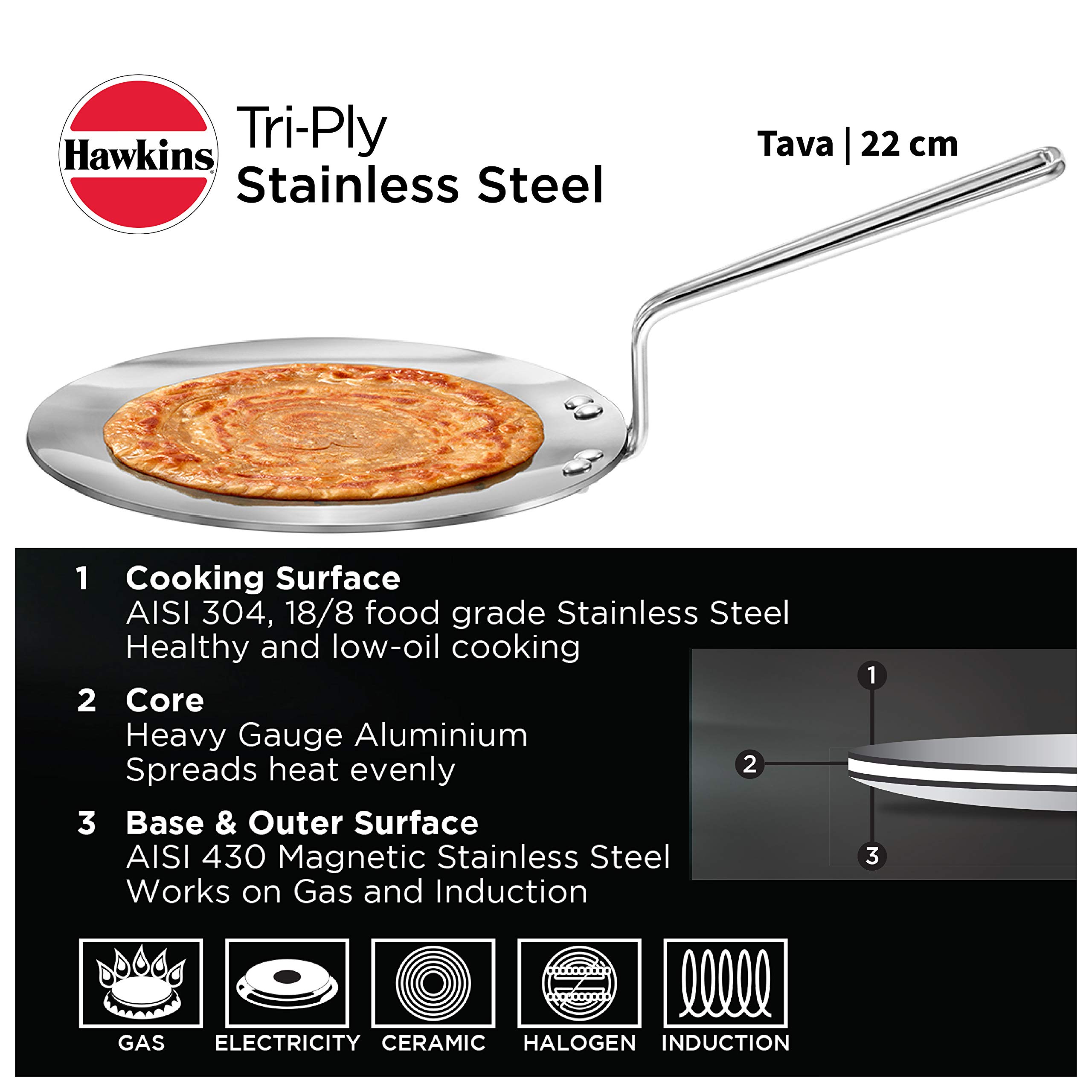 Hawkins 22 cm Tava, Triply Stainless Steel Tawa with Stainless Steel Handle, Induction Tawa, Silver (SSTV22)