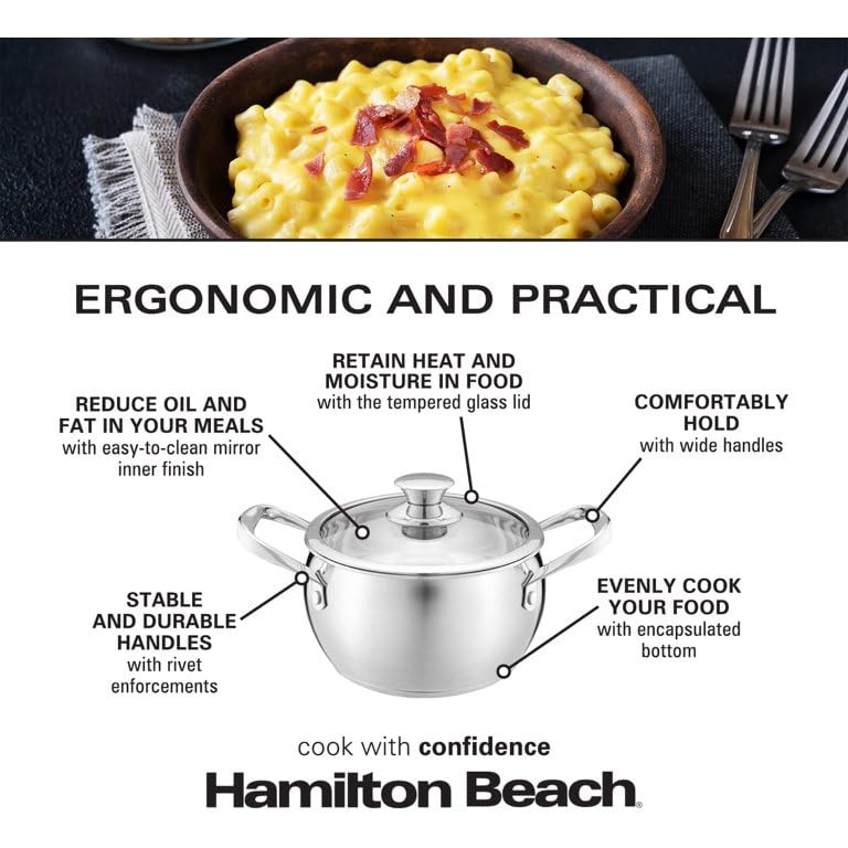 Hamilton Beach 4QT Stainless Steel Belly Design Dutch Oven Pot with Glass Lid and Stay-Cool Riveted Handles, Multipurpose Stewpot Skillet, Compatible with All Stove Tops, Oven & Dishwasher Safe