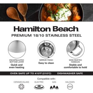 Hamilton Beach 4QT Stainless Steel Belly Design Dutch Oven Pot with Glass Lid and Stay-Cool Riveted Handles, Multipurpose Stewpot Skillet, Compatible with All Stove Tops, Oven & Dishwasher Safe