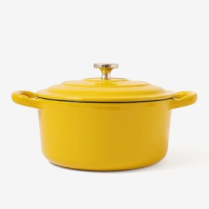 rj legend cast iron pot, enameled dutch oven with lid, easy to clean, heat retention, 1.9 quart, with loop handles, mustard yellow