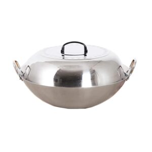 gxdhome thickened food grade non-magnetic 201 double-ear stainless steel wok with high lid 43/47cm chinese style round bottom smokeless pot for gas stove(bright silver)