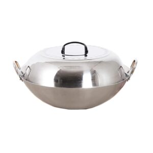 GXDHOME Thickened Food Grade Non-Magnetic 201 Double-Ear Stainless Steel Wok with High Lid 43/47cm Chinese Style Round Bottom Smokeless Pot for Gas Stove(Bright Silver)