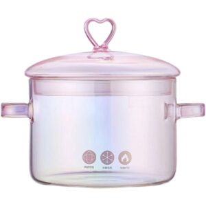 yardwe glass soup bowl with lid and handle, 1pc pink double-handle cooking pot