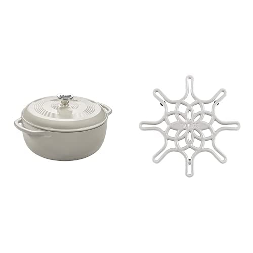 Lodge EC6D13 Enameled Cast Iron Dutch Oven, 6-Quart, Oyster White & EC8ST13 Enameled Cast Iron, 8 Inch, Oyster Trivet