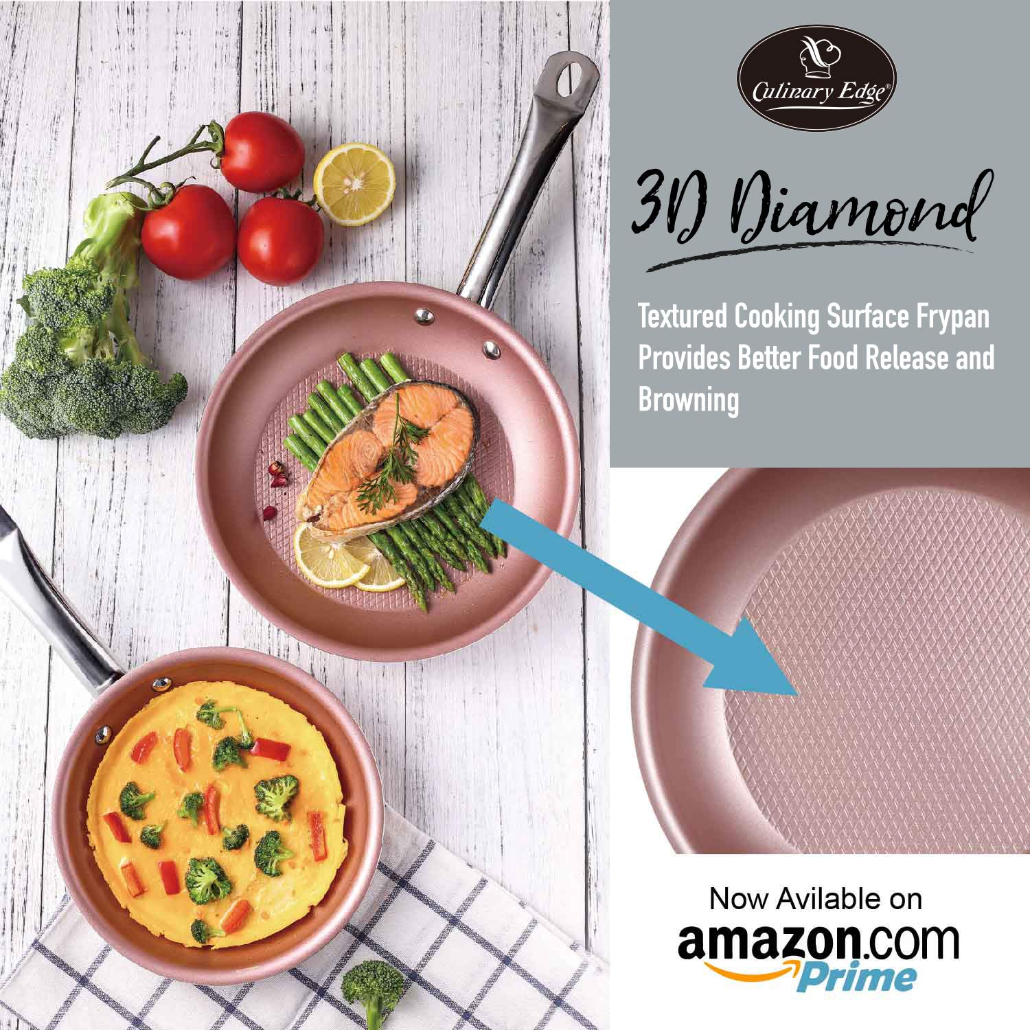 Culinary Edge 3D Diamond Textured Bottom 9.5-Inch Nonstick Oven/Dishwasher Safe Fry Pan - Rose Gold