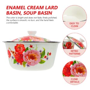DOITOOL Vintage Enamel Basin Large Retro Enamel Bowl Flower Printed Cooking Pot Tureen Pot with Lid Kitchen Accessories
