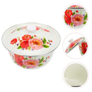 DOITOOL Vintage Enamel Basin Large Retro Enamel Bowl Flower Printed Cooking Pot Tureen Pot with Lid Kitchen Accessories