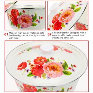 DOITOOL Vintage Enamel Basin Large Retro Enamel Bowl Flower Printed Cooking Pot Tureen Pot with Lid Kitchen Accessories