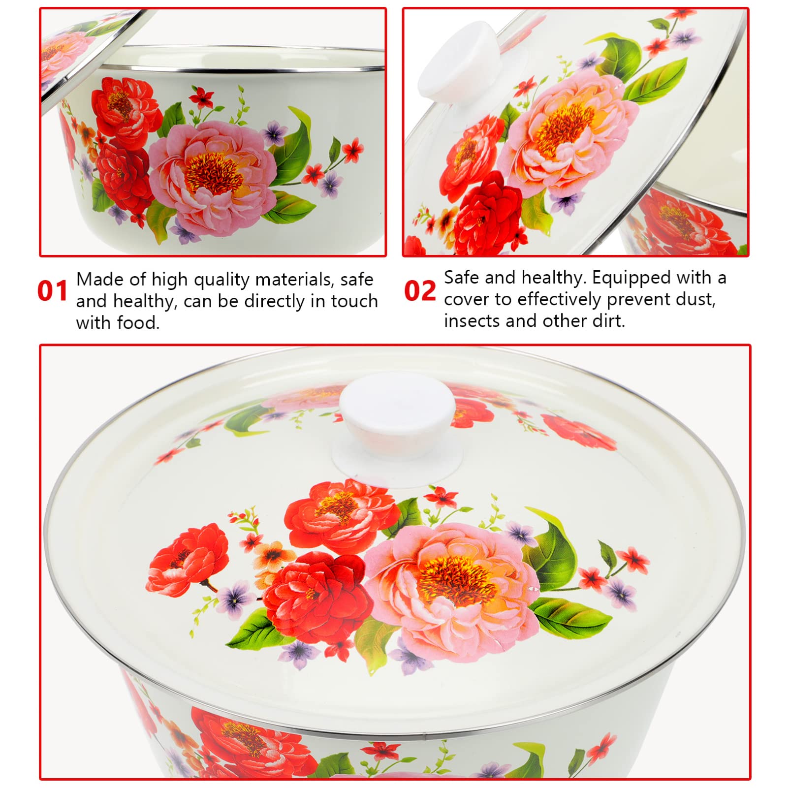 DOITOOL Vintage Enamel Basin Large Retro Enamel Bowl Flower Printed Cooking Pot Tureen Pot with Lid Kitchen Accessories