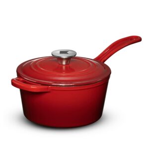 enameled cast iron saucepan set for professional & home use - 2.4 quart - heavy duty non-stick saucepan with lid for induction gas stoves & all cooktops (red)