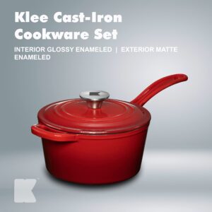 Enameled Cast Iron Saucepan Set for Professional & Home Use - 2.4 Quart - Heavy Duty Non-Stick Saucepan with Lid for Induction Gas Stoves & All Cooktops (Red)