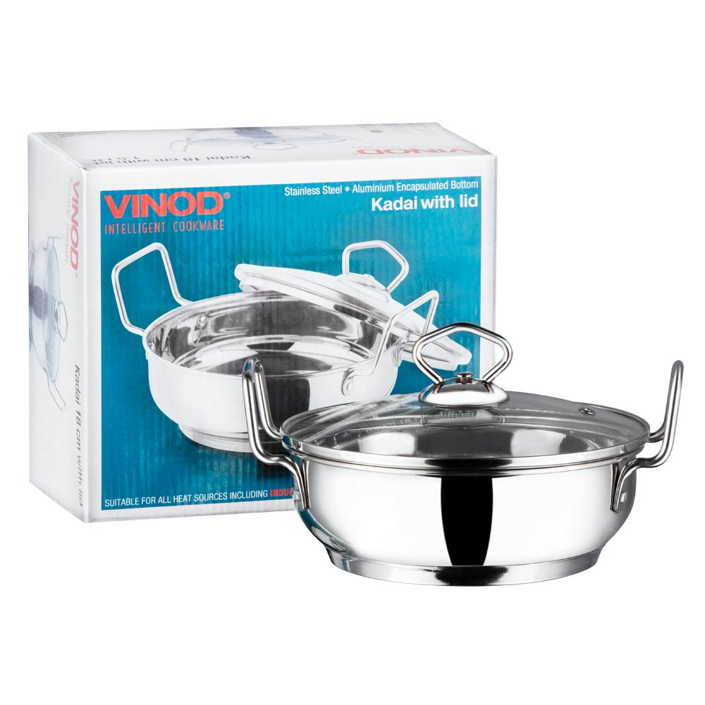 Vinod Stainless Steel Kadhai/Wok with Glass lid - Induction Friendly (30 cm/ 11.8 inch)- Capacity: 7 L