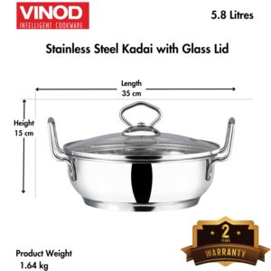 Vinod Stainless Steel Kadhai/Wok with Glass lid - Induction Friendly (30 cm/ 11.8 inch)- Capacity: 7 L